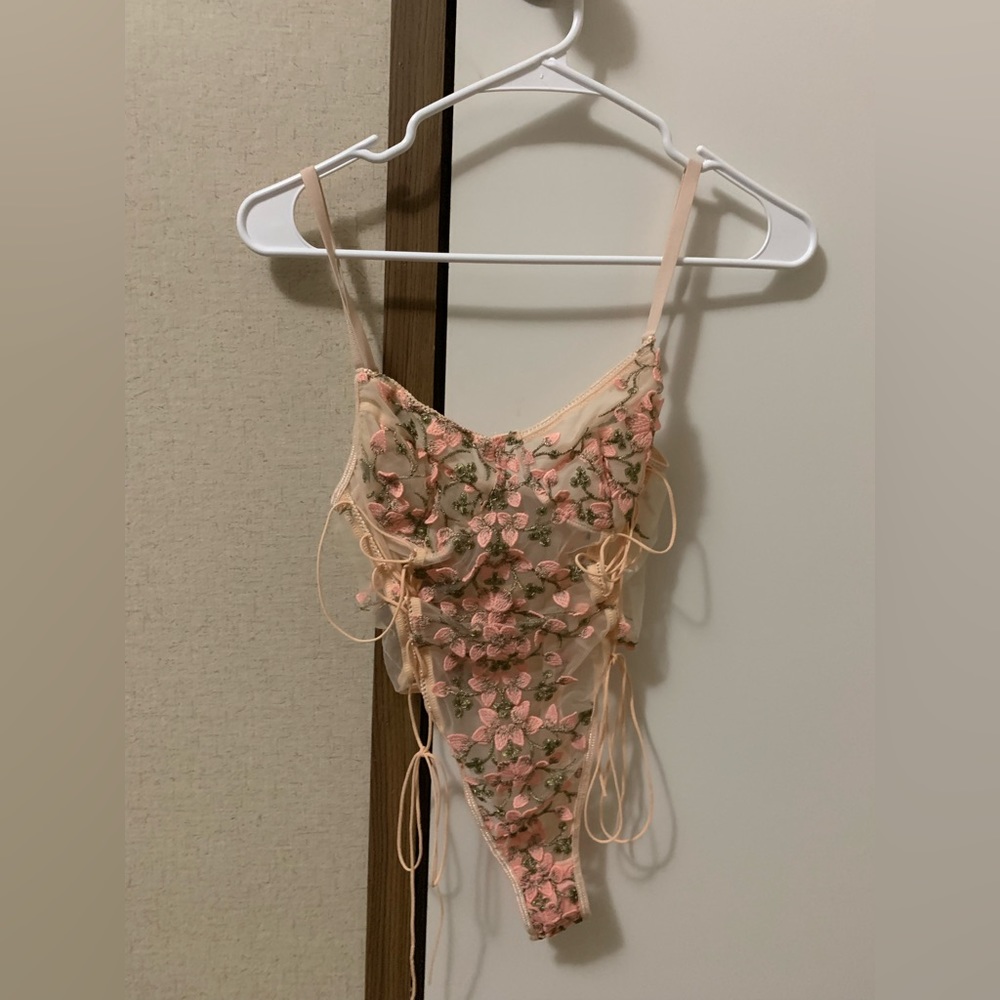 Shein floral sheer mesh lace up bodysuit